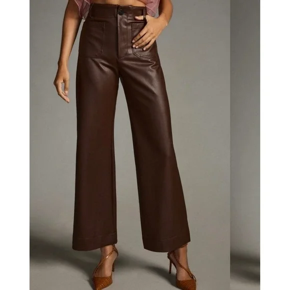 Maeve The Colette Cropped Vegan Leather Pants Chocolate Brown Womens 32 Petite - Picture 12 of 13